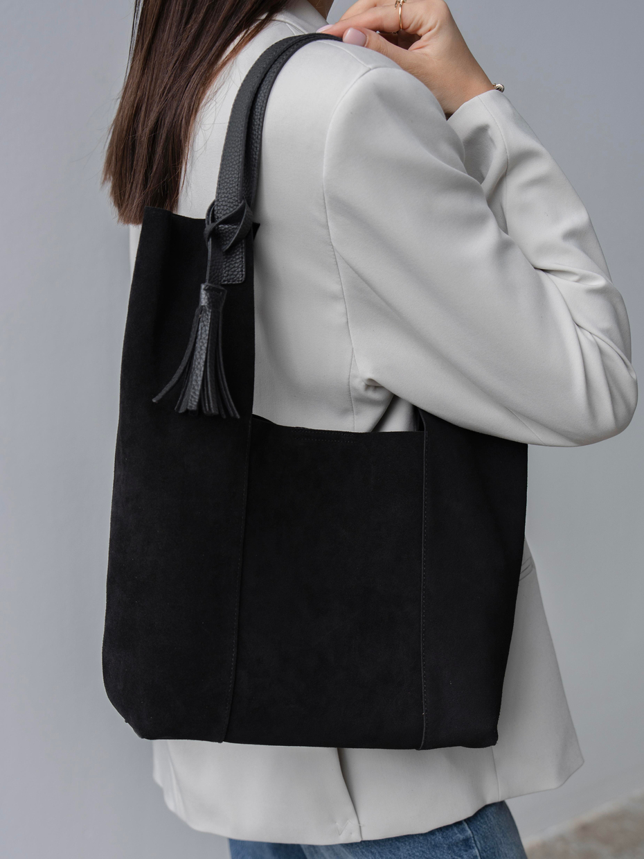 6414 Siyah Süet Hakiki Süet Kadın Çanta