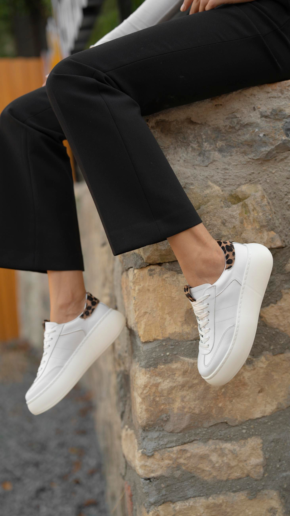 Baena Beyaz-Leopar   Hakiki Deri Kadın   Spor Ayakkabı