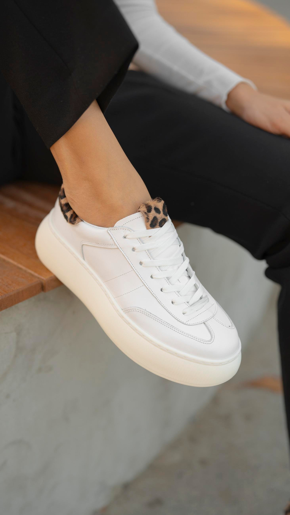 Baena Beyaz-Leopar   Hakiki Deri Kadın   Spor Ayakkabı