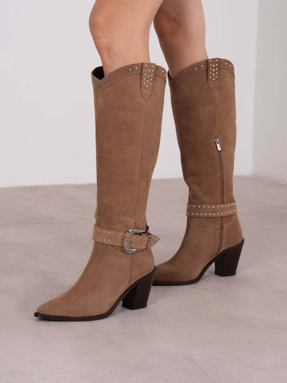 Bola Camel Süet Hakiki Deri Kadın Çizme