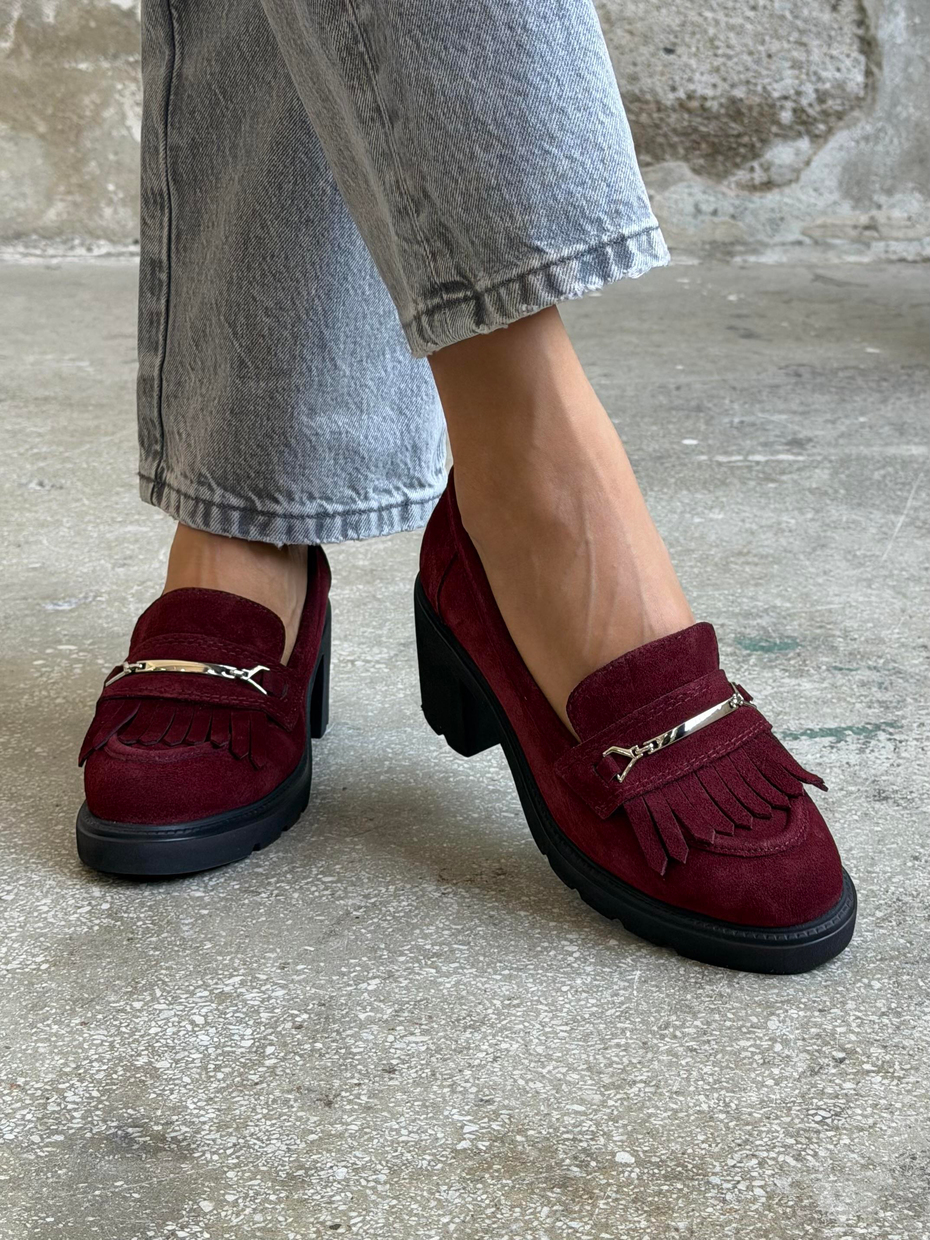 Epis Bordo Süet Hakiki Deri Kadın Makosen Ayakkabı