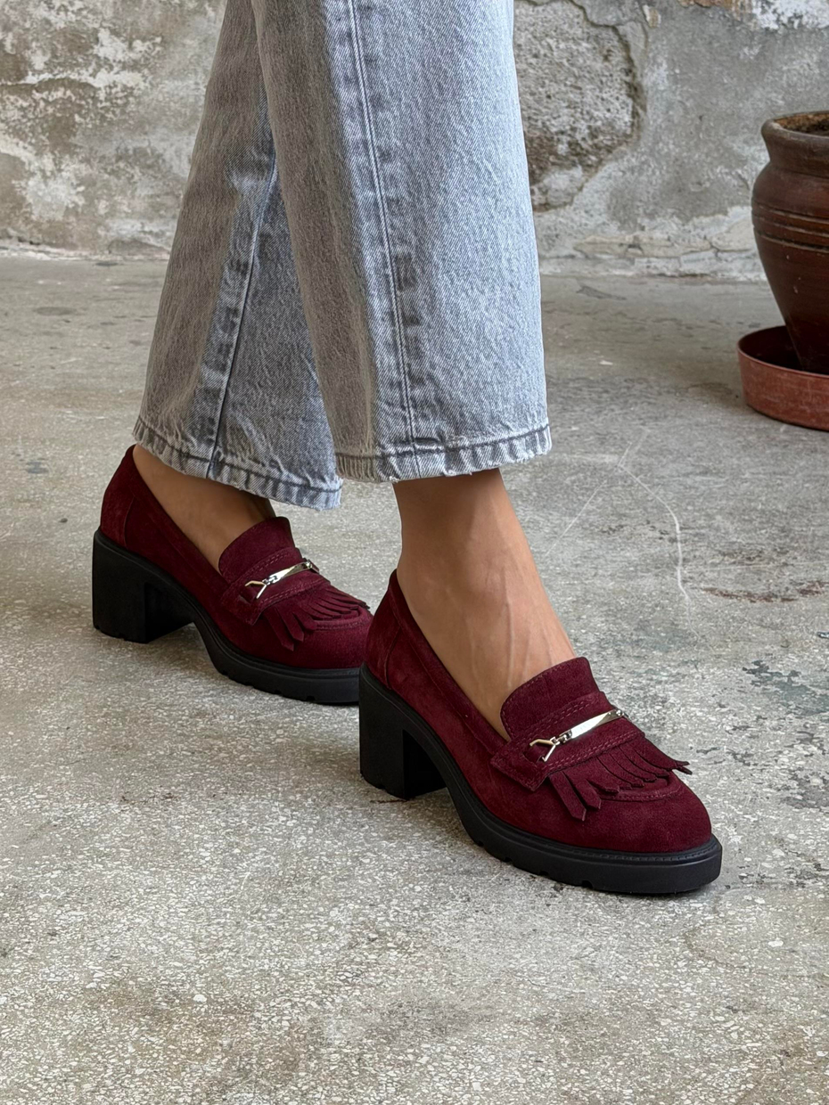 Epis Bordo Süet Hakiki Deri Kadın Makosen Ayakkabı