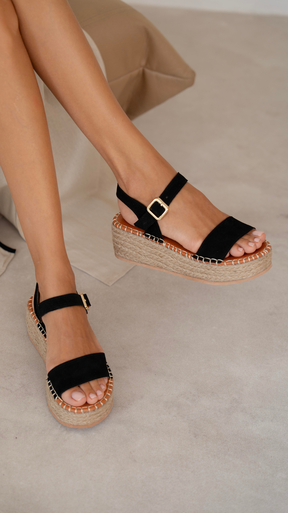 Eva Siyah Süet Hakiki Deri  Sandalet