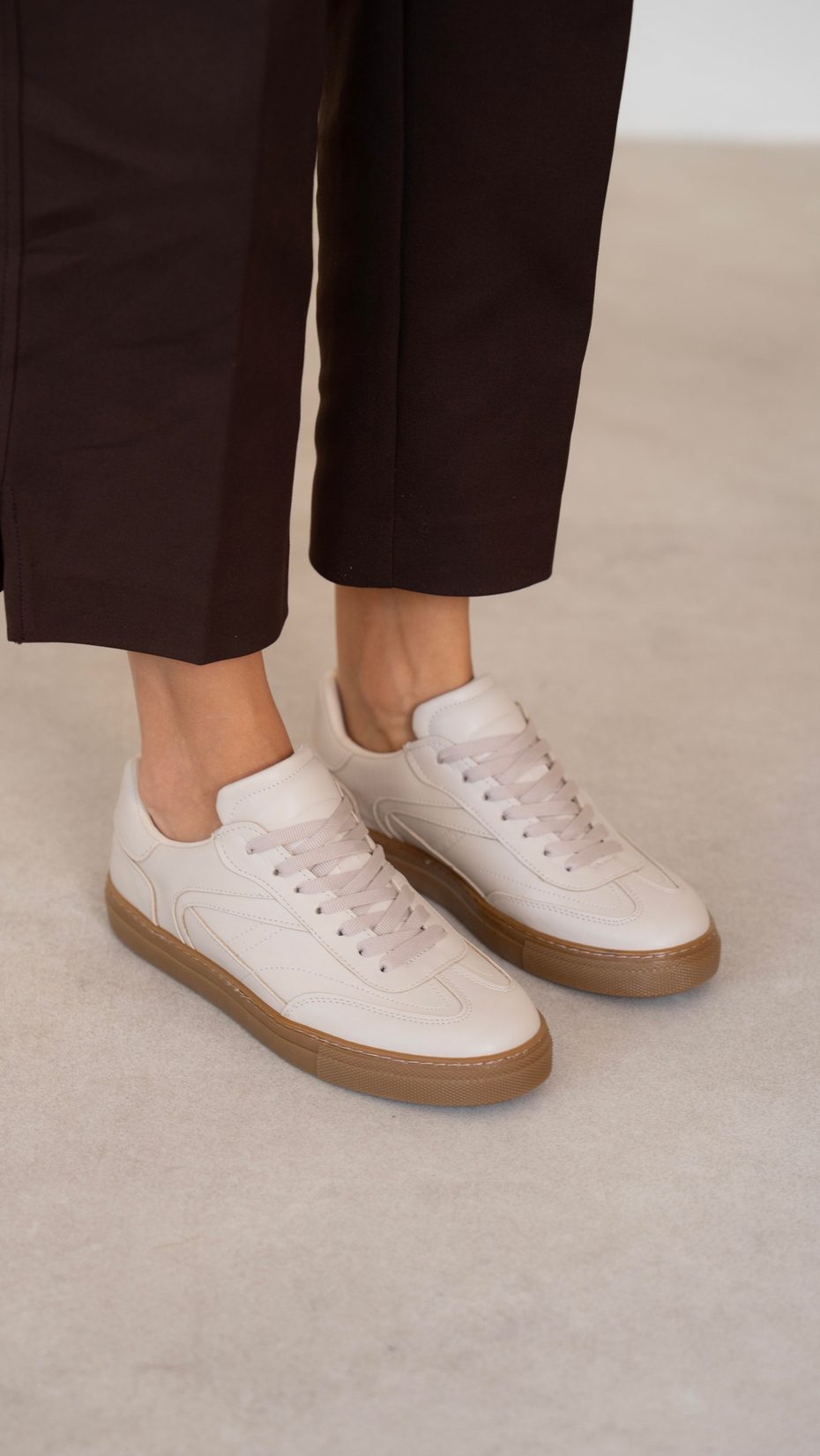 Faye Bej Düz Taban Kadın Bağcıklı Spor Ayakkabı