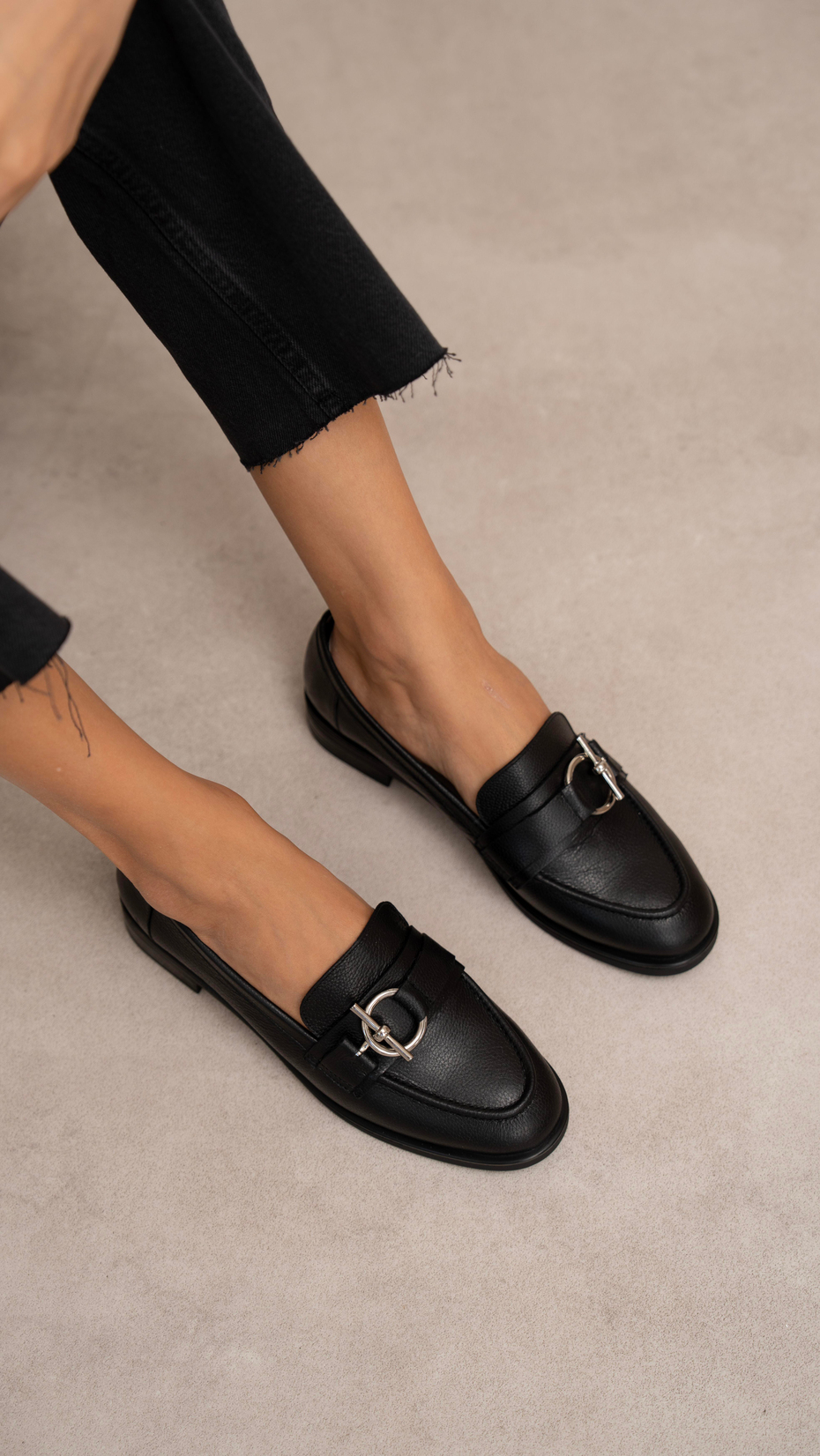 Fern Siyah Hakiki Deri Kadın Makosen Ayakkabı