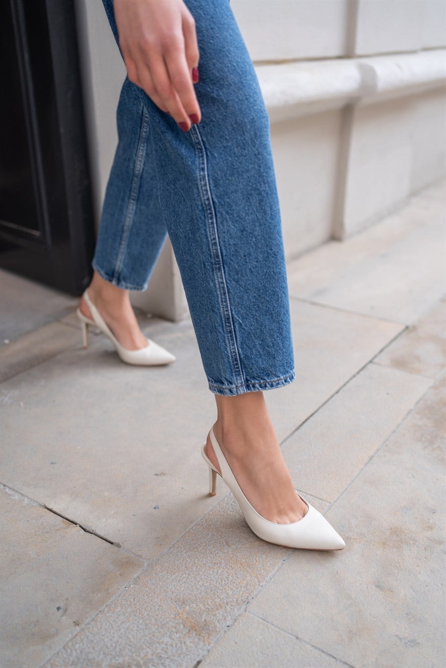 Perla Ekru Deri   Stiletto