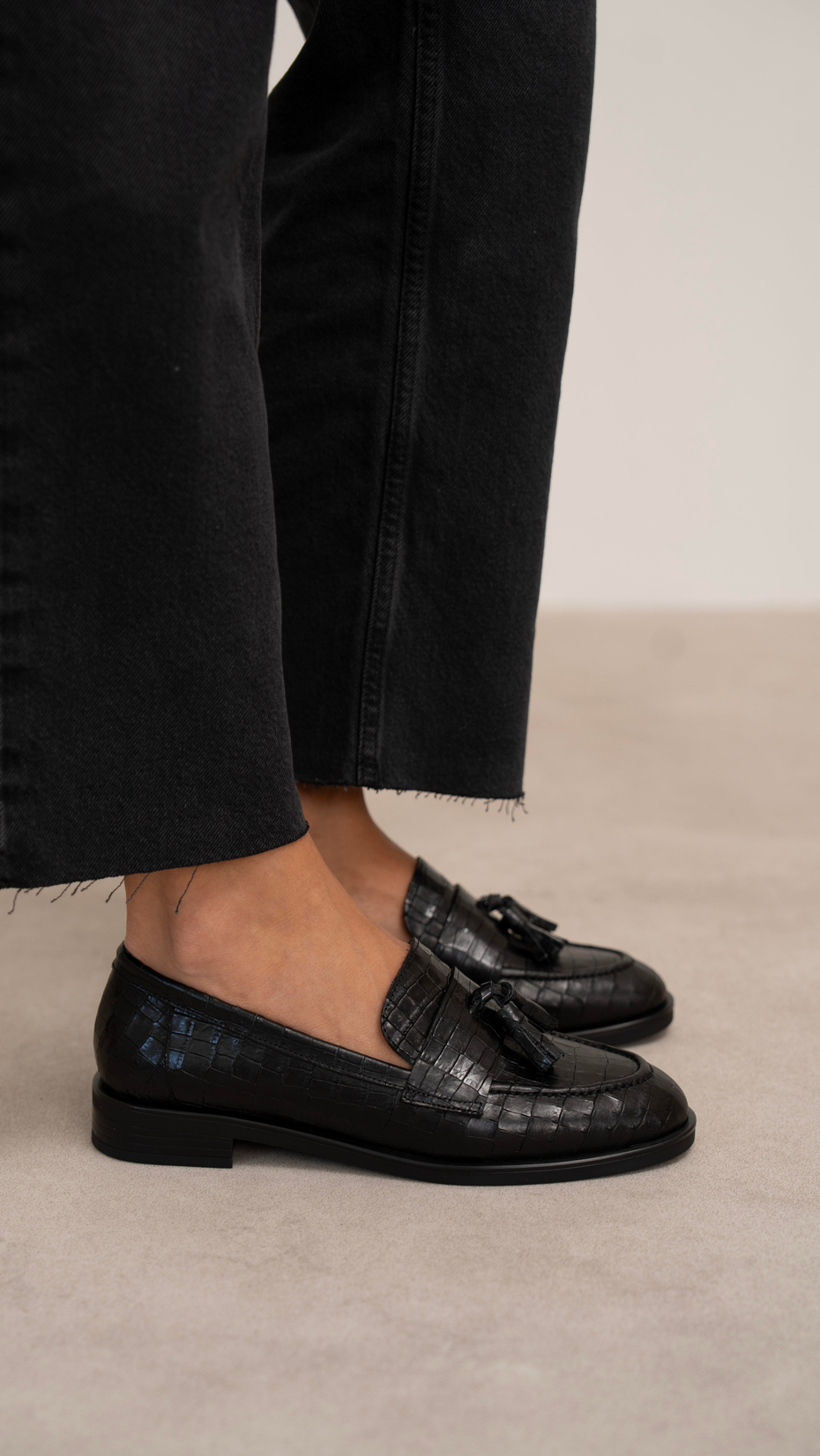 Pippa Siyah Kroko Hakiki Deri Kadın Makosen Ayakkabı