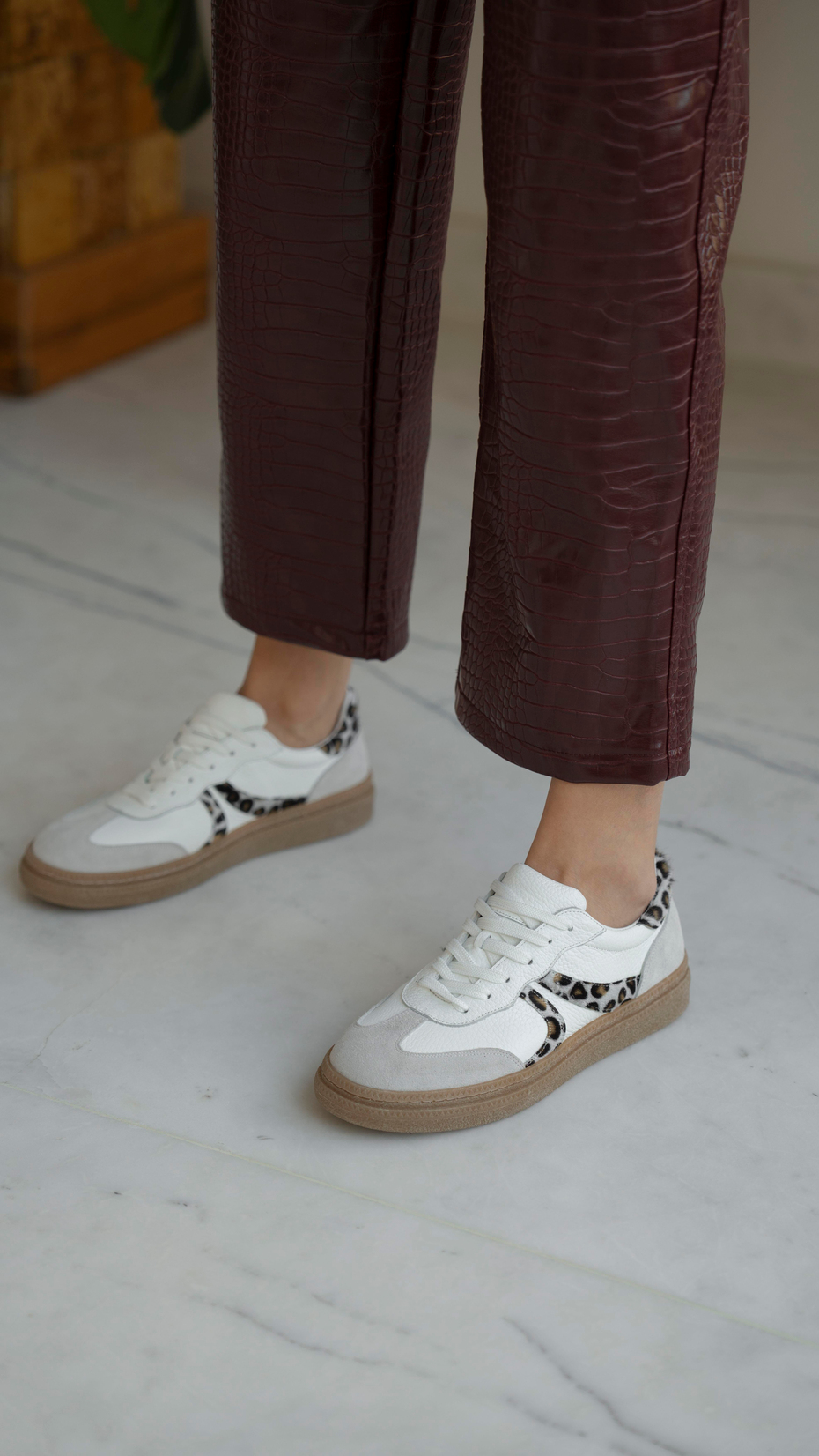 Rayo Beyaz-Leopar   Hakiki Deri   Spor Ayakkabı