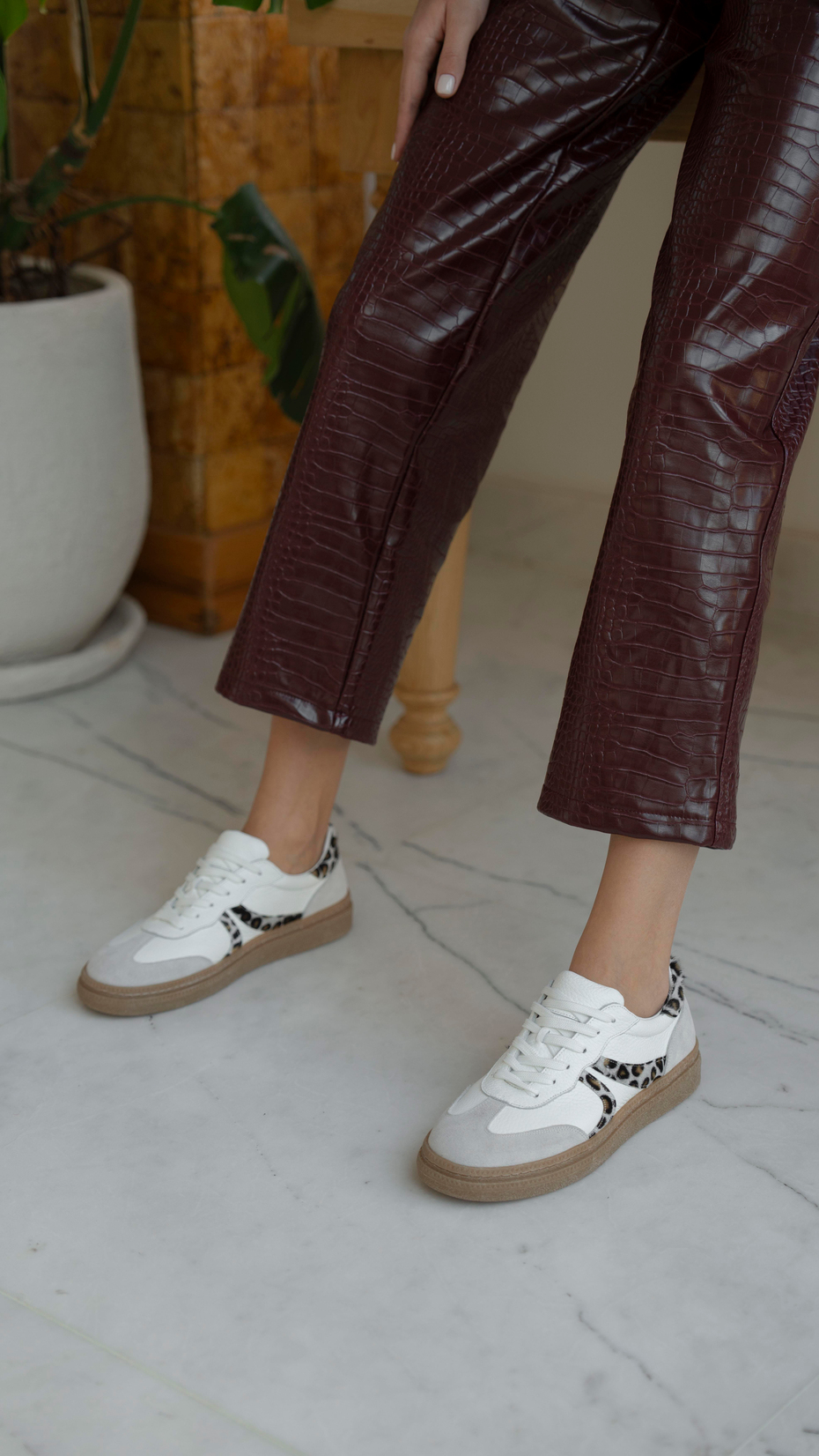 Rayo Beyaz-Leopar   Hakiki Deri   Spor Ayakkabı