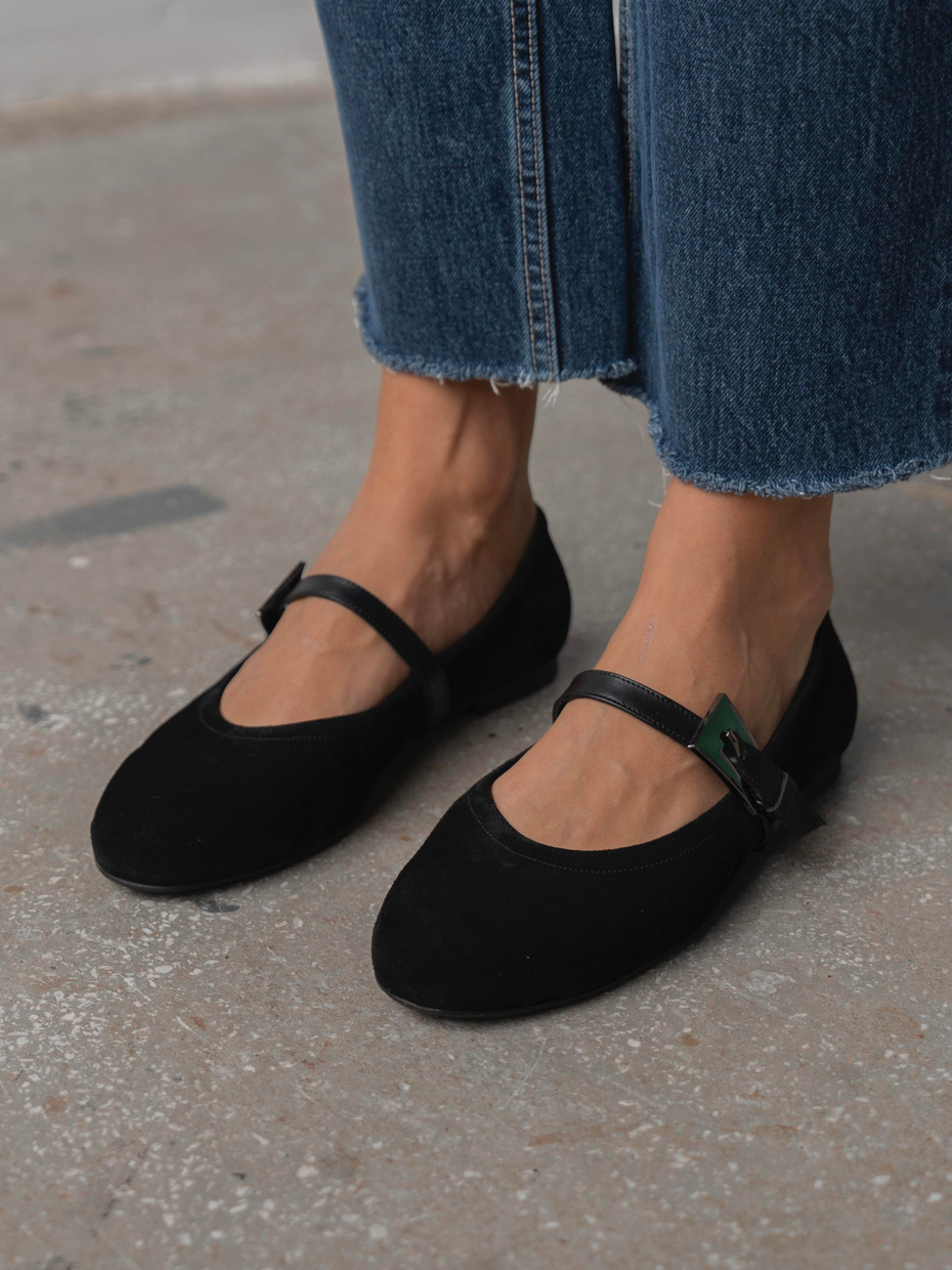 Rinda Siyah Süet Hakiki Deri Kadın Babet