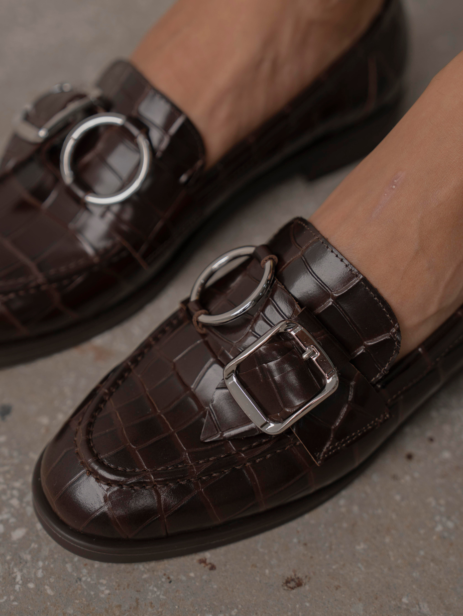 Rood Kahve Kroko Hakiki Deri Kadın Makosen Ayakkabı