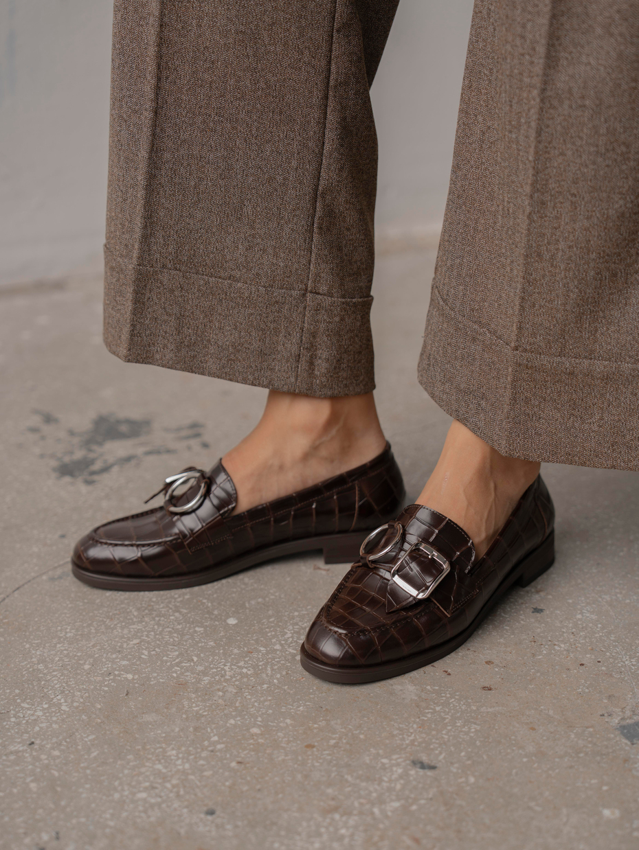 Rood Kahve Kroko Hakiki Deri Kadın Makosen Ayakkabı