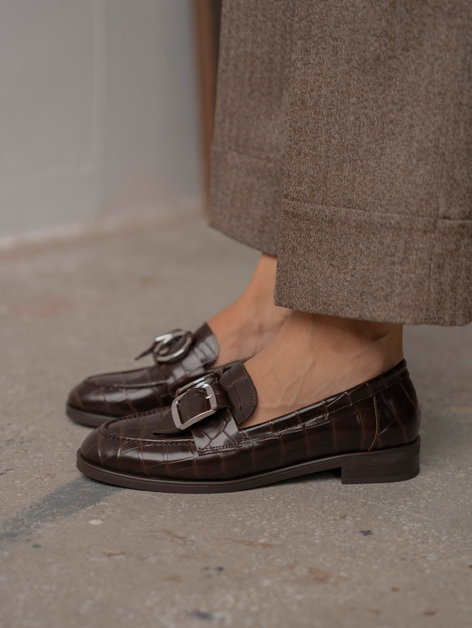 Rood Kahve Kroko Hakiki Deri Kadın Makosen Ayakkabı