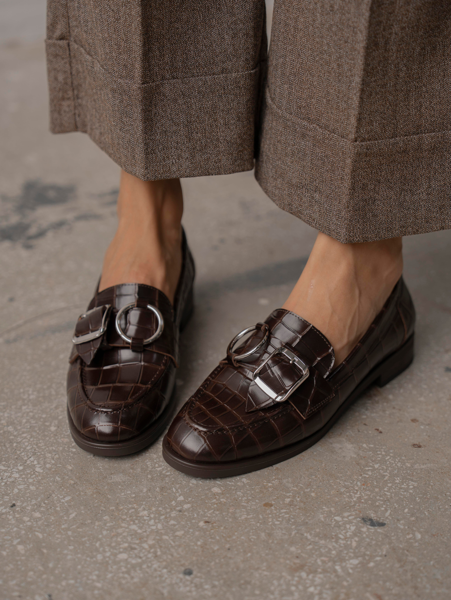 Rood Kahve Kroko Hakiki Deri Kadın Makosen Ayakkabı