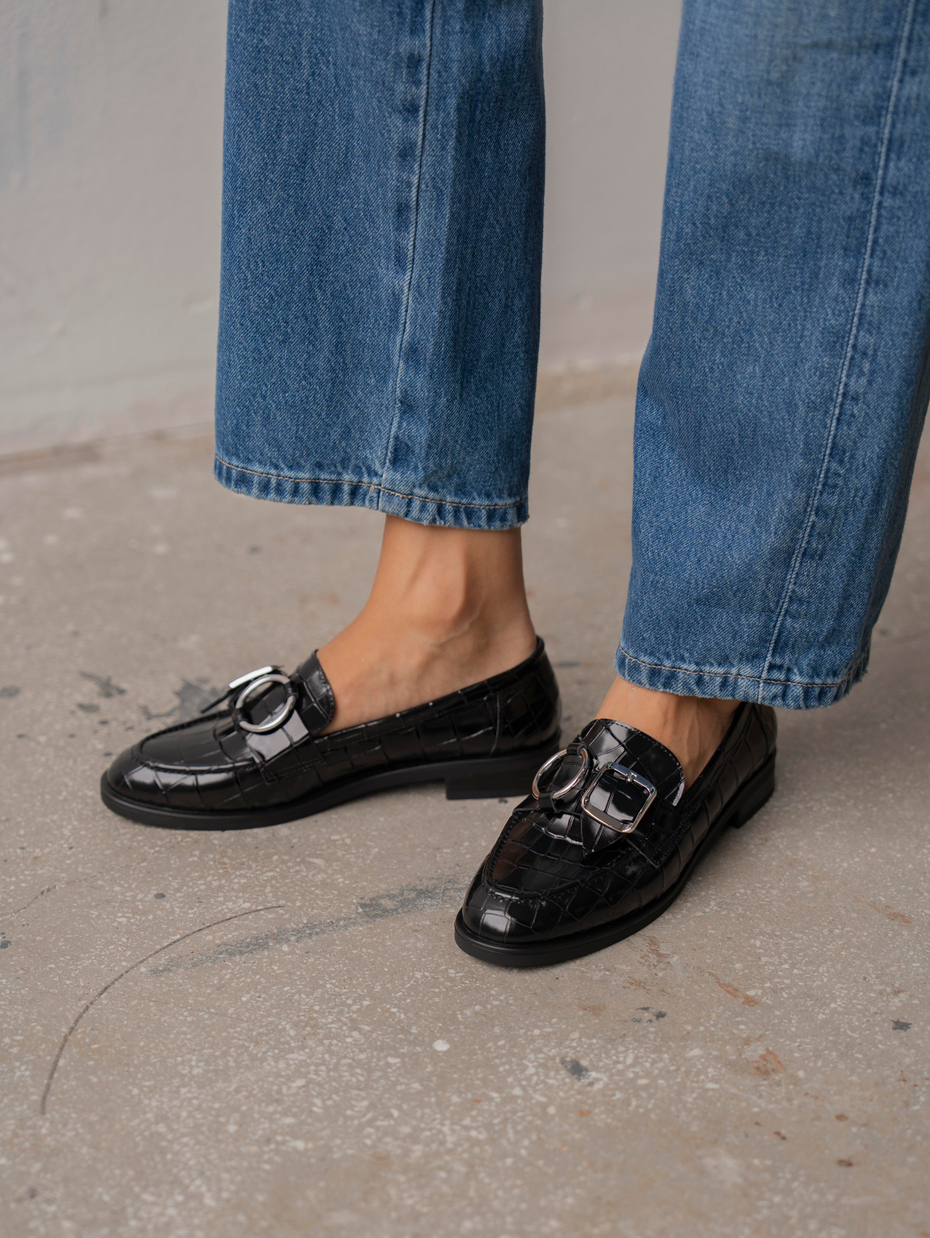 Rood Siyah Kroko Hakiki Deri Kadın Makosen Ayakkabı