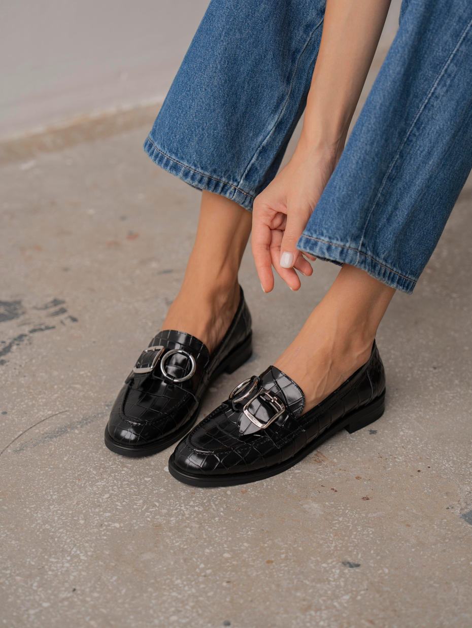 Rood Siyah Kroko Hakiki Deri Kadın Makosen Ayakkabı