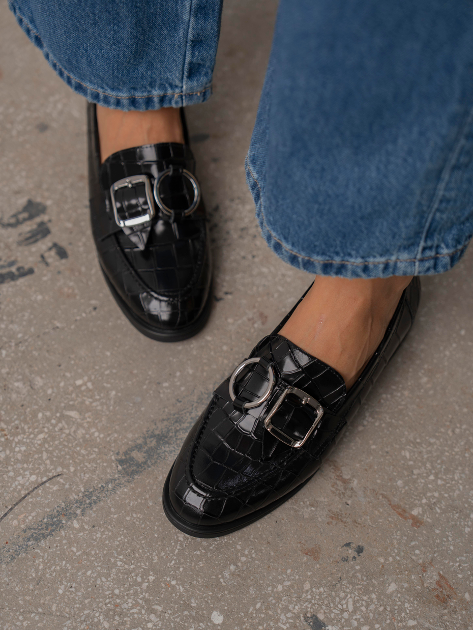 Rood Siyah Kroko Hakiki Deri Kadın Makosen Ayakkabı