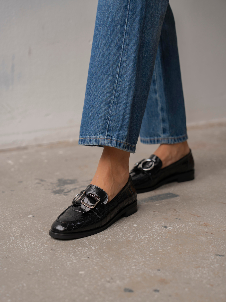 Rood Siyah Kroko Hakiki Deri Kadın Makosen Ayakkabı