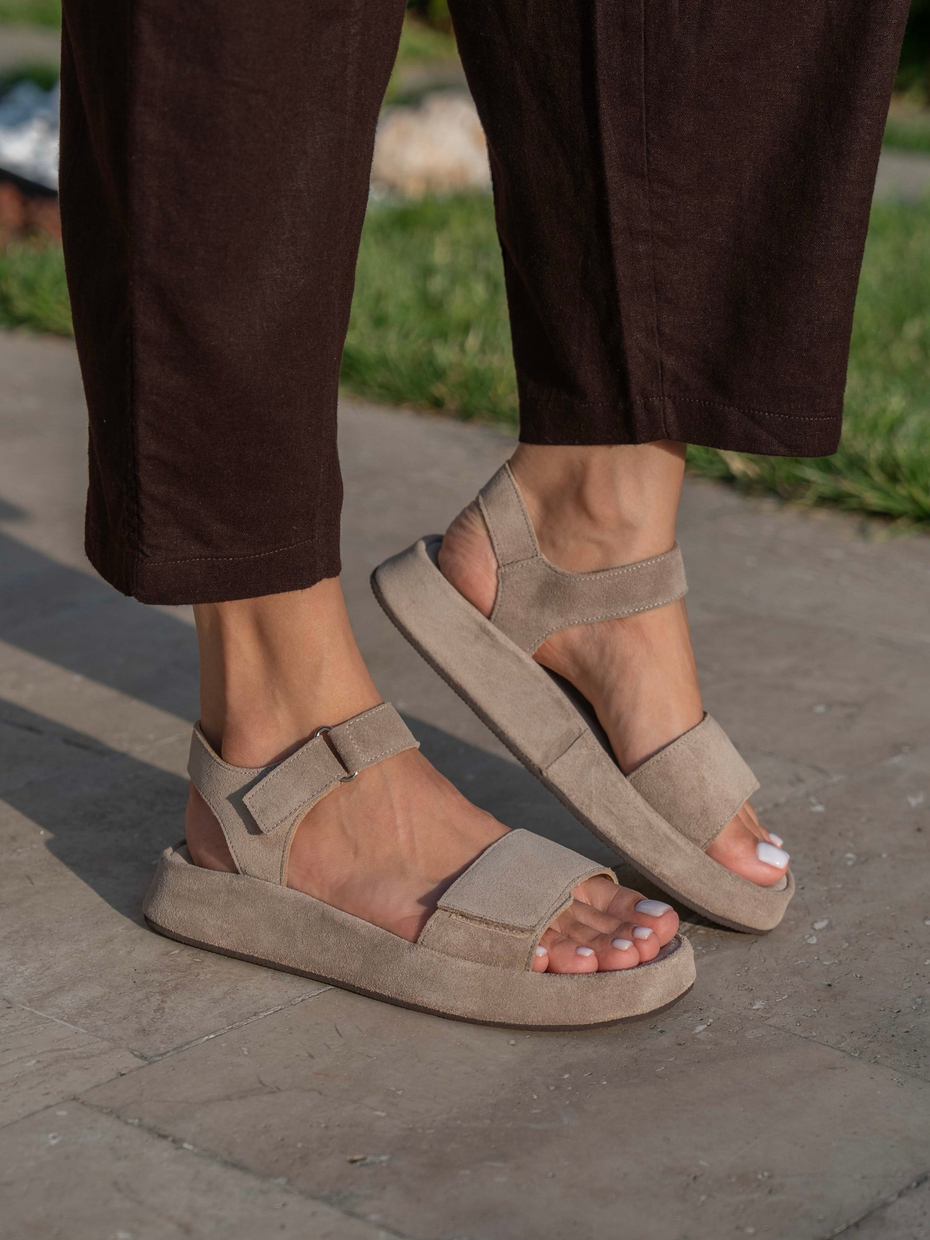 Sole Bej Süet Hakiki Deri Kadın Sandalet