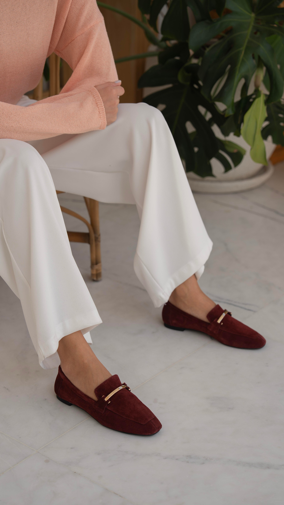 Tabata Bordo Süet   Hakiki Deri   Babet