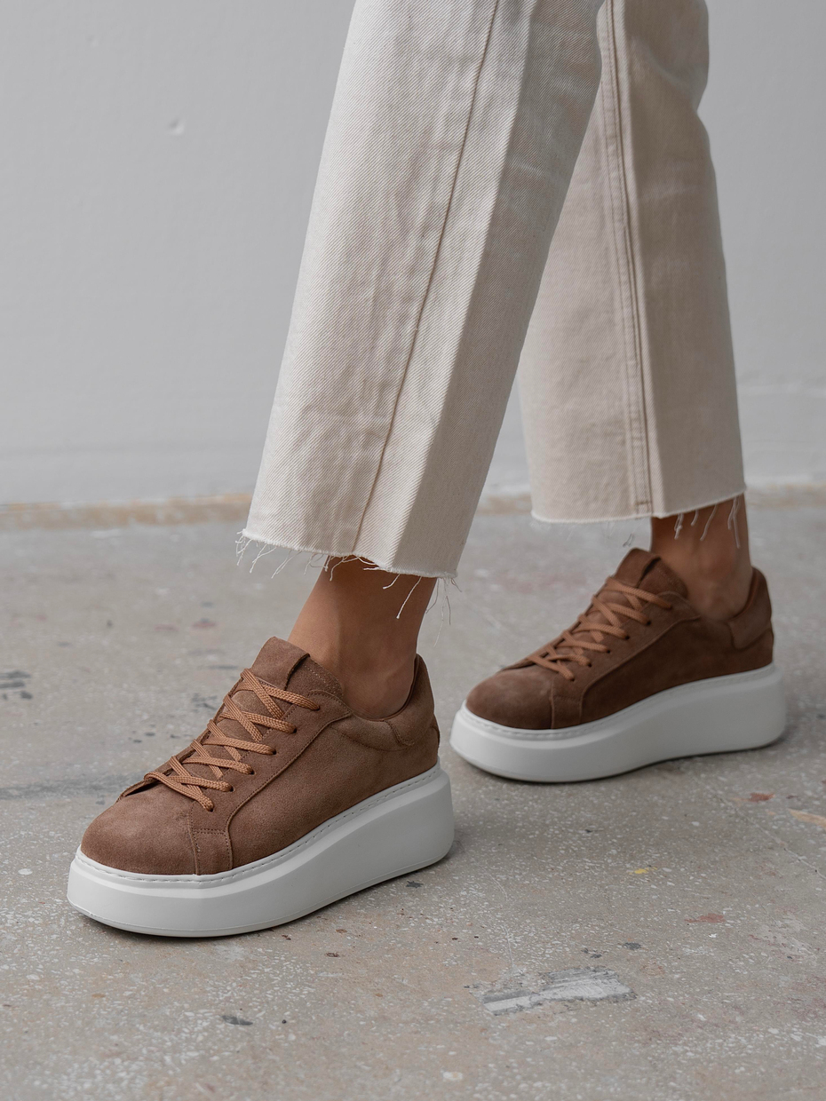 Varen Camel Süet Hakiki Deri Kadın Bağcıklı Spor Ayakkabı