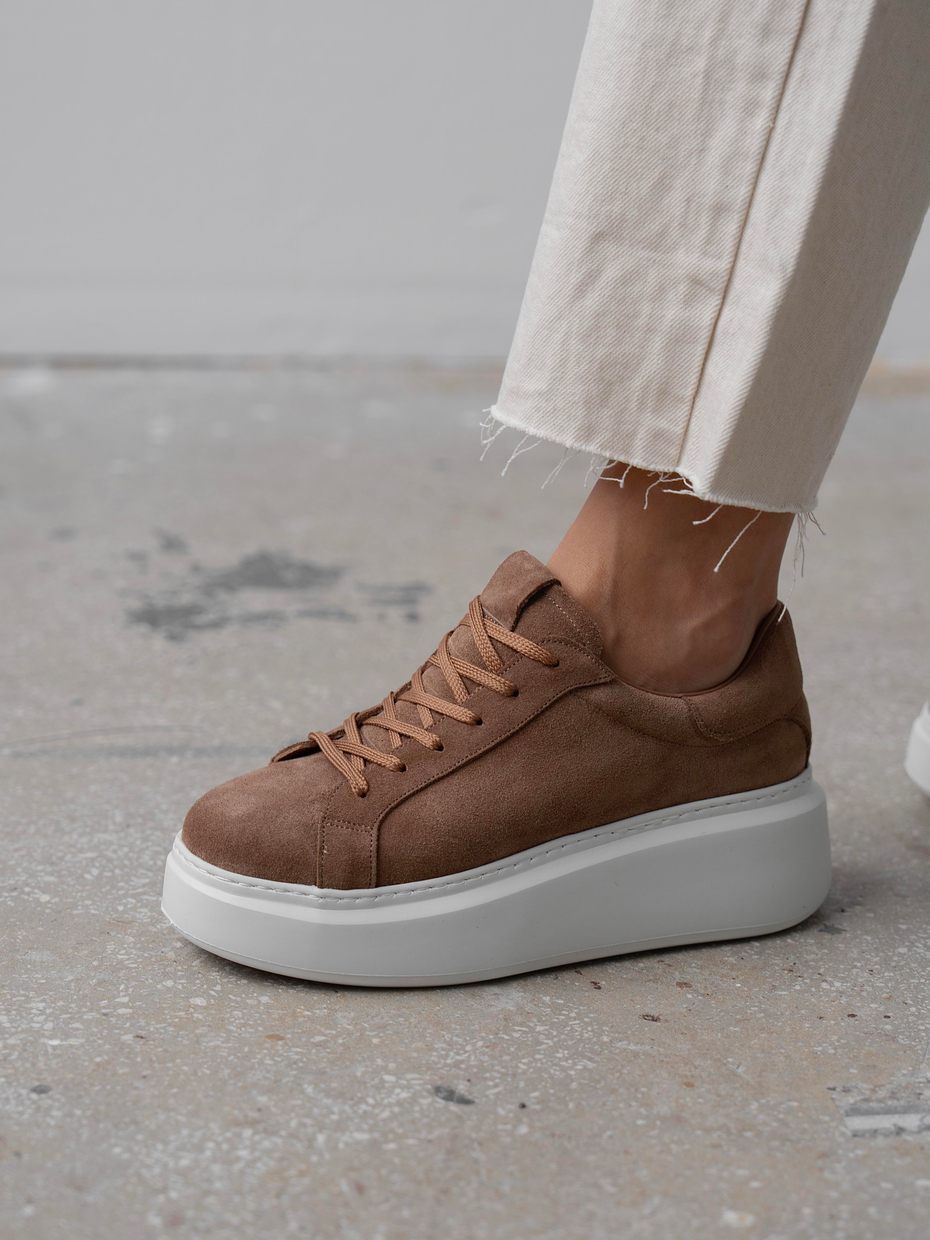 Varen Camel Süet Hakiki Deri Kadın Bağcıklı Spor Ayakkabı