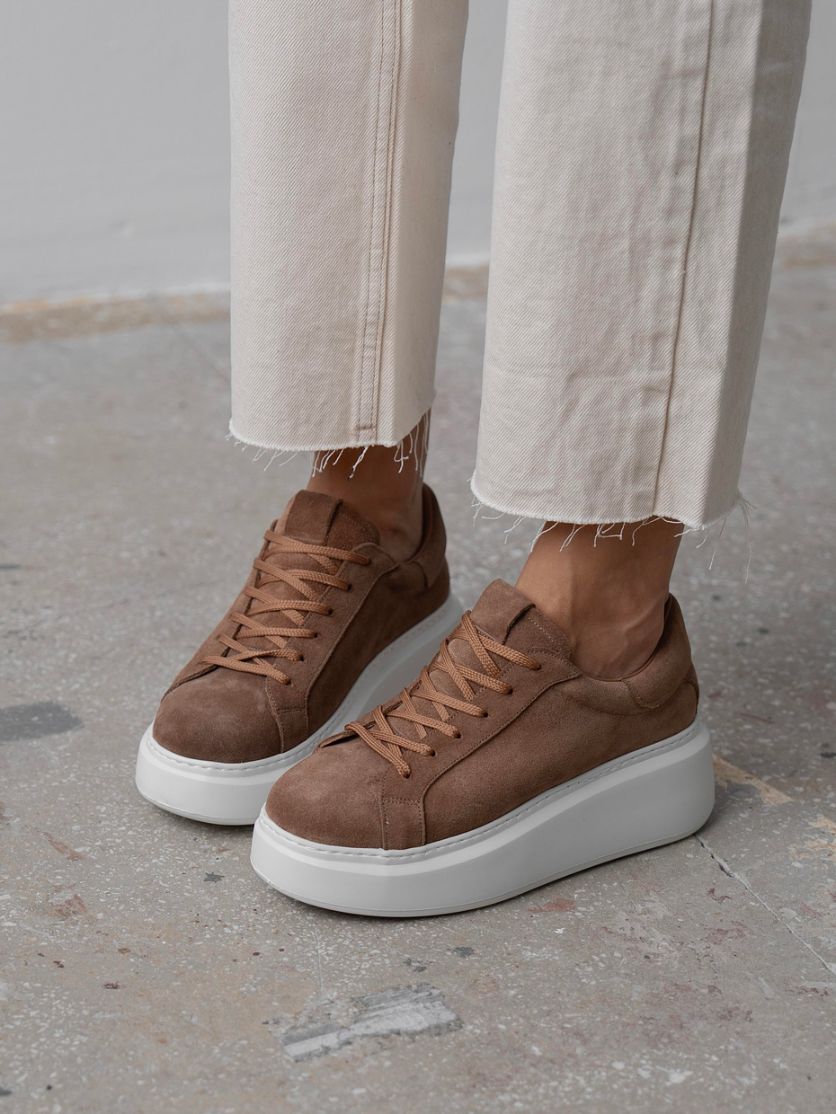 Varen Camel Süet Hakiki Deri Kadın Bağcıklı Spor Ayakkabı