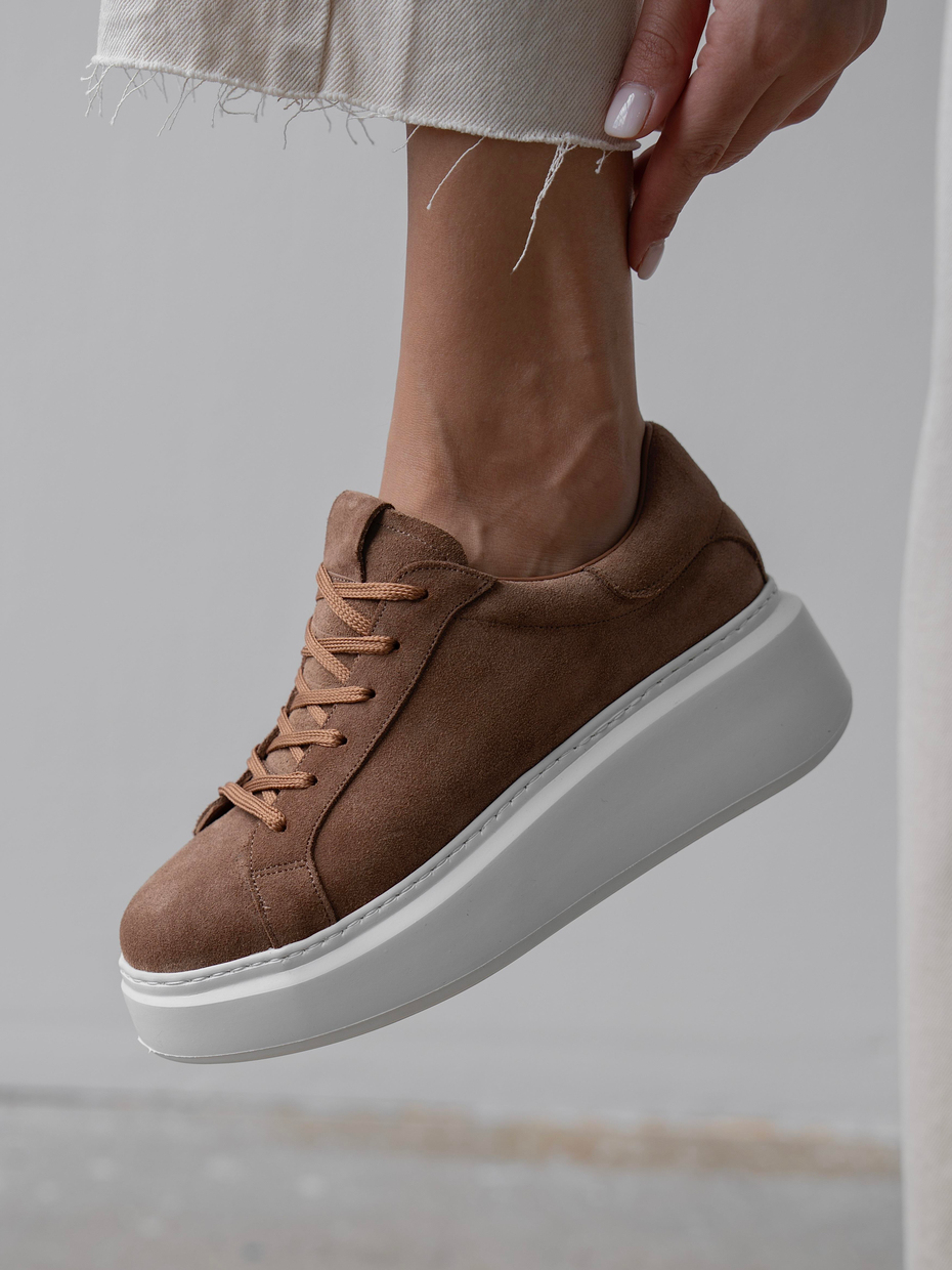 Varen Camel Süet Hakiki Deri Kadın Bağcıklı Spor Ayakkabı