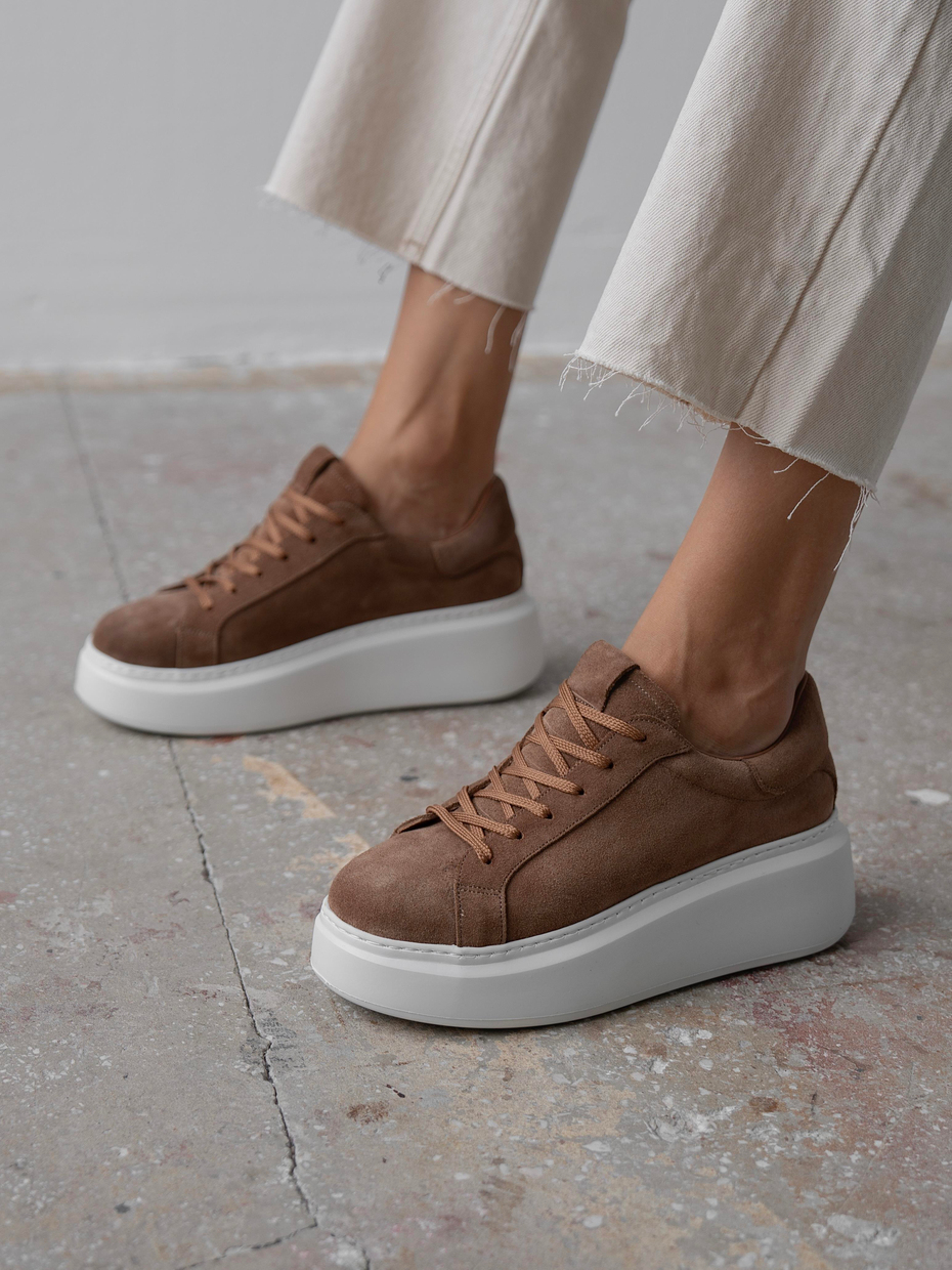 Varen Camel Süet Hakiki Deri Kadın Bağcıklı Spor Ayakkabı