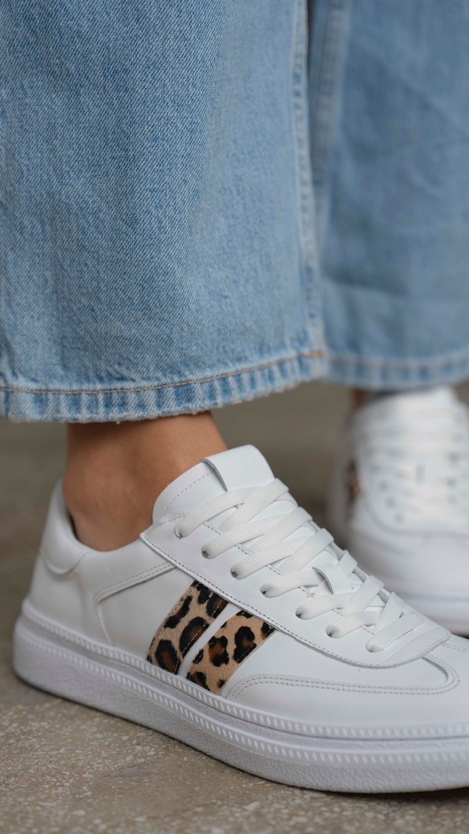 Wear Beyaz-Leopar   Hakiki Deri   Spor Ayakkabı