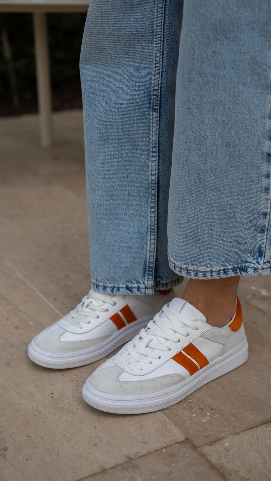 Wear Beyaz-Turuncu   Hakiki Deri   Spor Ayakkabı