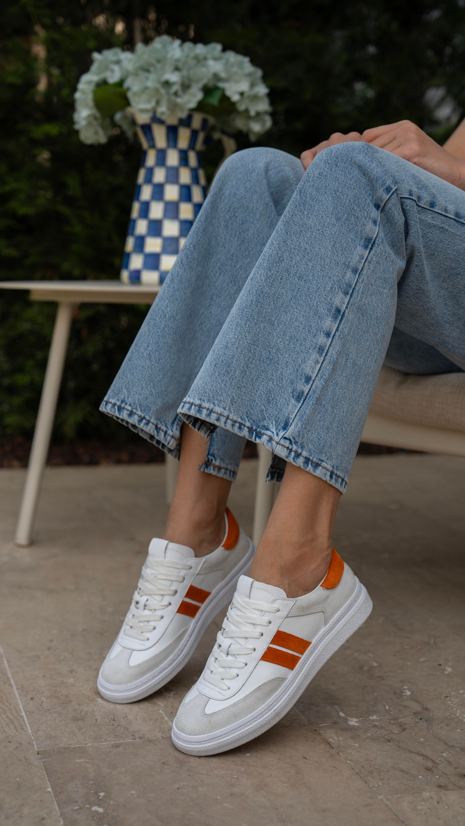 Wear Beyaz-Turuncu   Hakiki Deri   Spor Ayakkabı