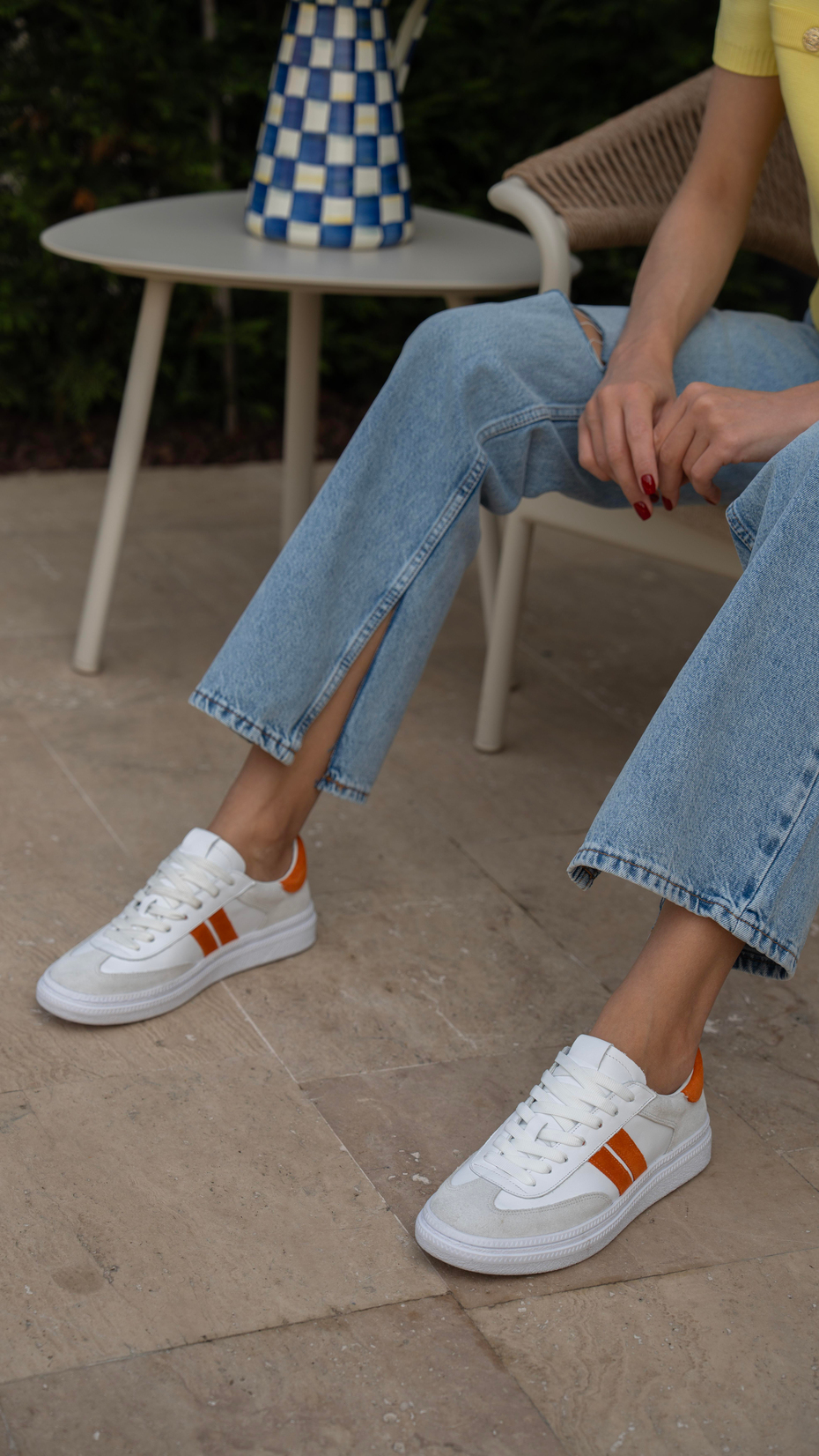 Wear Beyaz-Turuncu   Hakiki Deri   Spor Ayakkabı