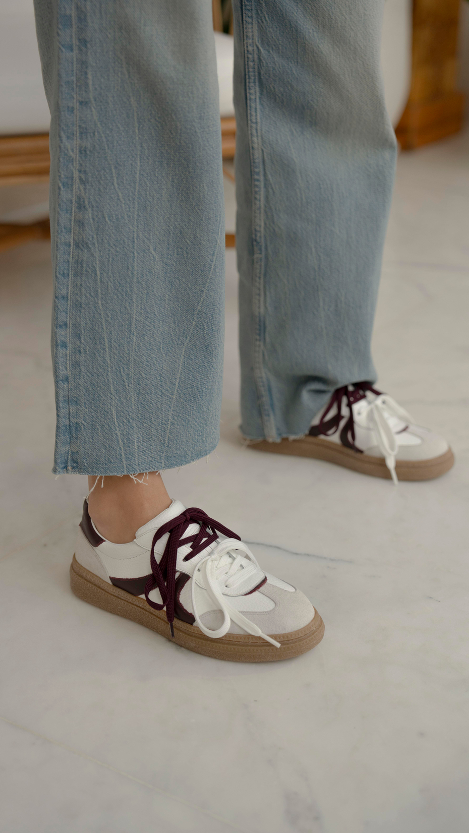 Wendel Beyaz-Bordo   Hakiki Deri   Spor Ayakkabı