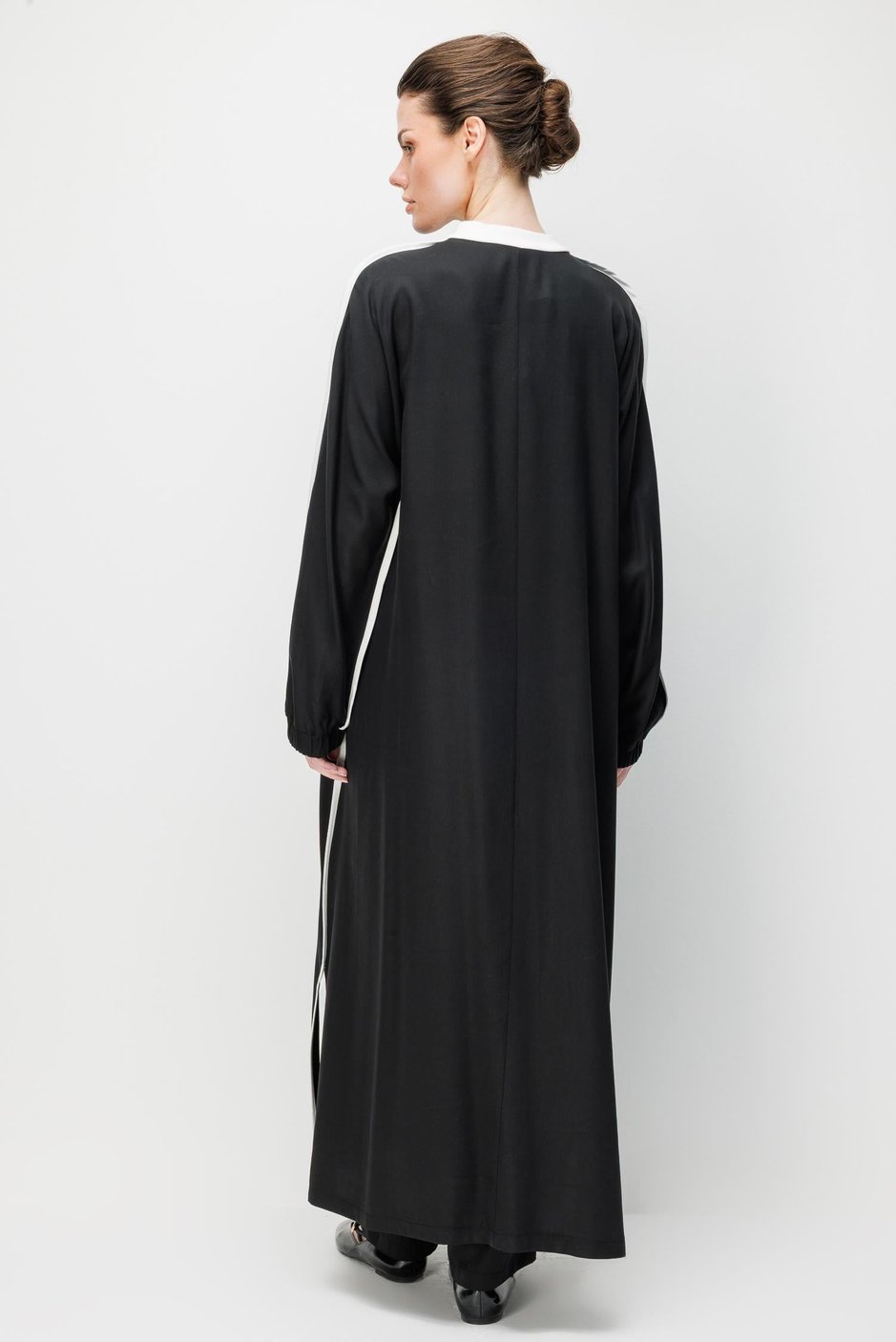 %100 Doğal LyoCELL Dökümlü Soft Hissiyat  Spor Bant Detaylı Maxi Tunik Ferace-Siyah