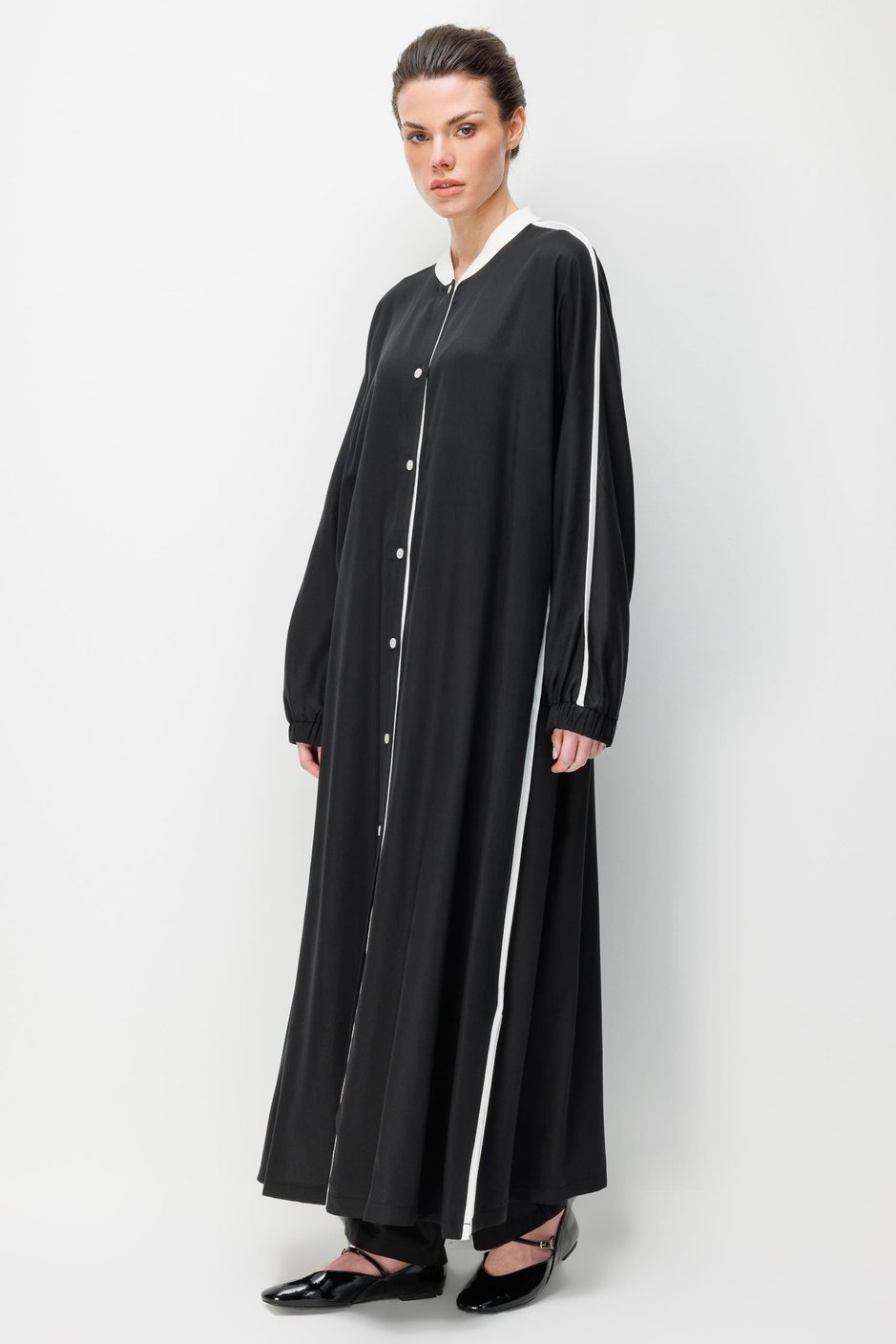 %100 Doğal LyoCELL Dökümlü Soft Hissiyat  Spor Bant Detaylı Maxi Tunik Ferace-Siyah