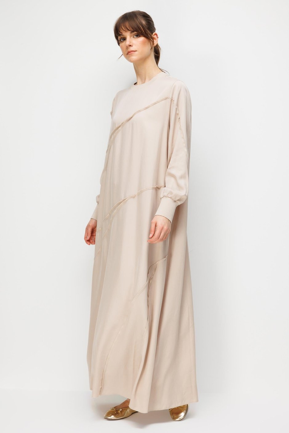 100% Təbii LyoCELL Draped Yumşaq Hissli Maxi Don, Orta Tikişli Detallarla - Daşla Bəzədilmiş