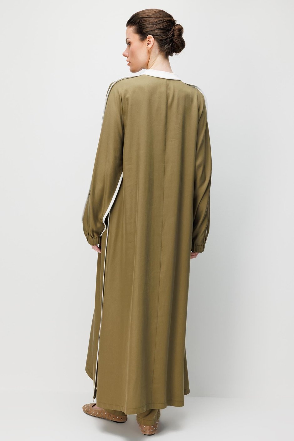 %100 Doğal LyoCELL Dökümlü Soft Hissiyat  Spor Bant Detaylı Maxi Tunik Ferace-Haki