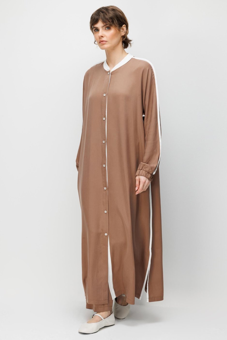 100% Natural LyoCELL Draped Soft Feel Sport Maxi Tunic Abaya with Band Detail - Brown
