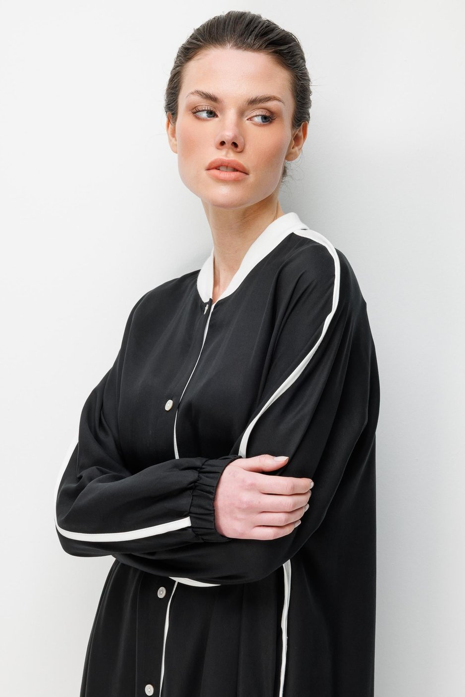 %100 Doğal LyoCELL Dökümlü Soft Hissiyat  Spor Bant Detaylı Maxi Tunik Ferace-Siyah