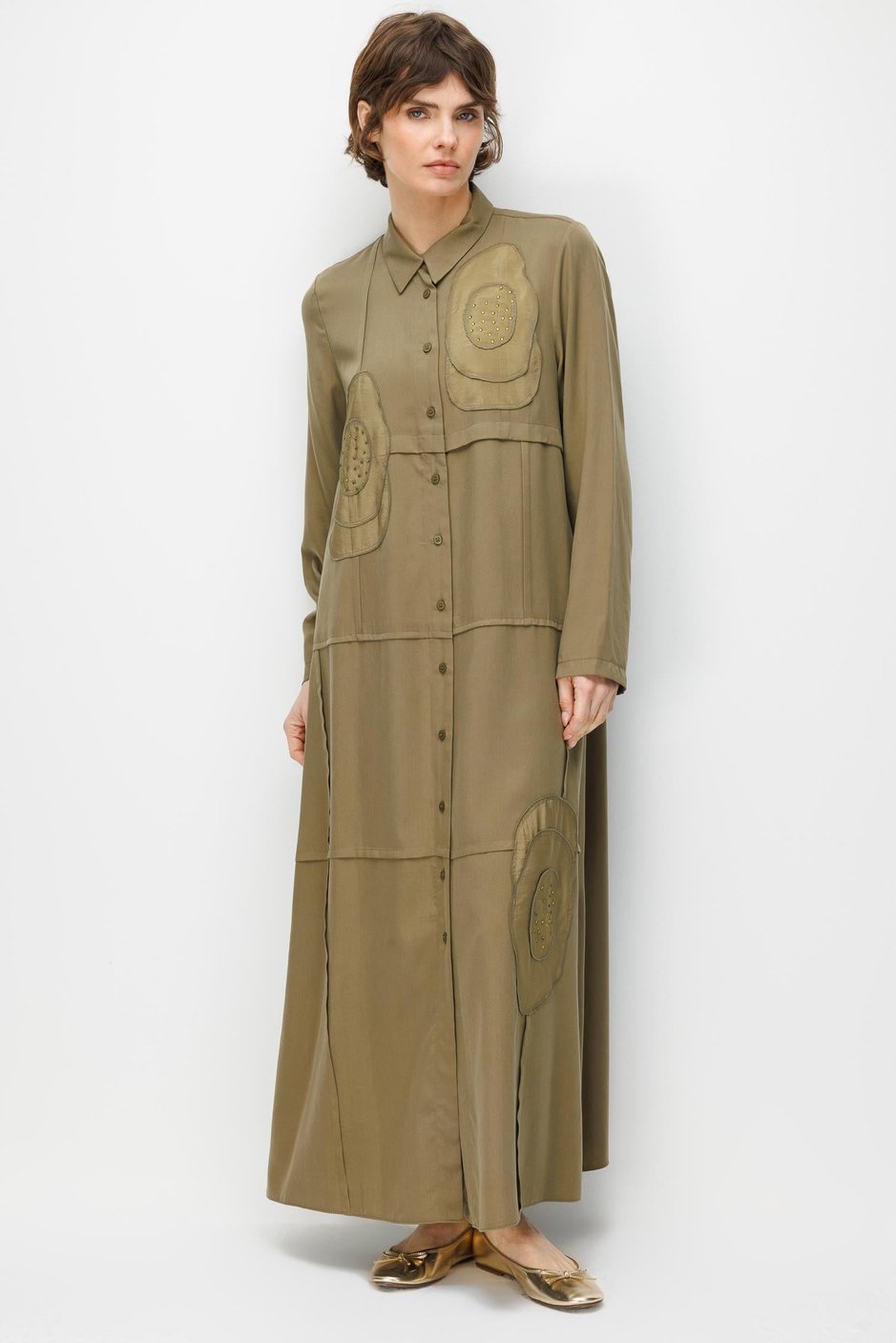 %100 Doğal LyoCELL Maxi Dökümlü Soft Kumaş Elişi Flora İşleme Detaylı Maxi Tunik Ferace-Haki