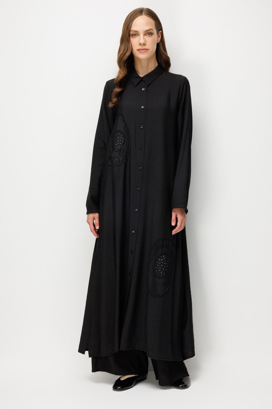 %85 LyoCELL Aller Özel Taş ve Desen İşlemeli Maxi Tunik Elbise Ferace-Siyah