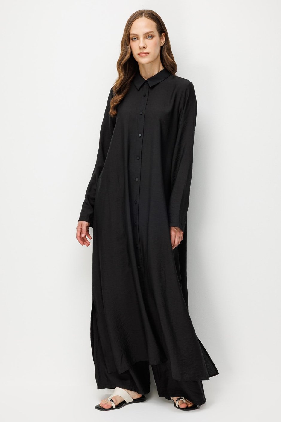 %85 LyoCELL Aller Sırt Rüzgarlıklı  Maxi Tunik Elbise-Pantalon Kombin Takım-Siyah