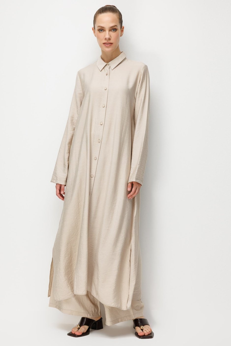 %85 LyoCELL Aller Sırt Rüzgarlıklı  Maxi Tunik Elbise-Pantalon Kombin Takım-Taş