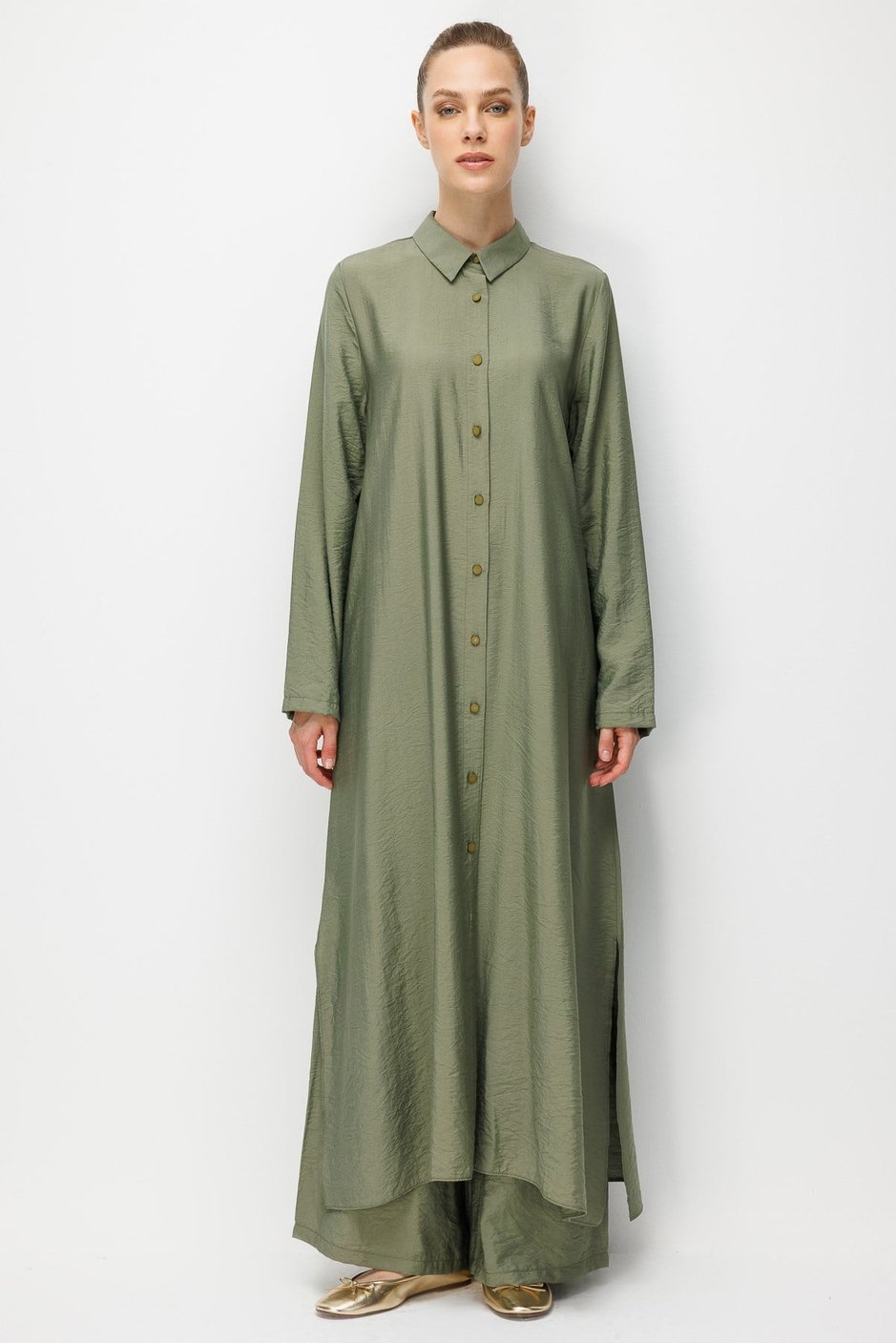 %85 LyoCELL Aller Sırt Rüzgarlıklı  Maxi Tunik Elbise-Pantalon Kombin Takım-Haki