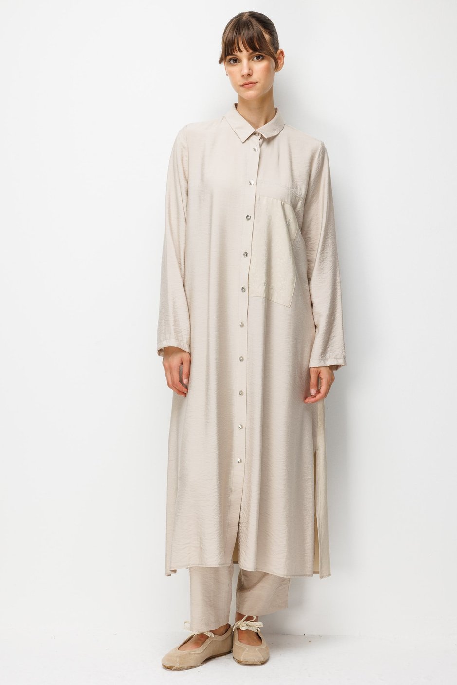 %85 LyoCELL Goldy Desenli Ara Kumaş Garnili Pantalon Maxi Tunik Kombin Takım.-Taş