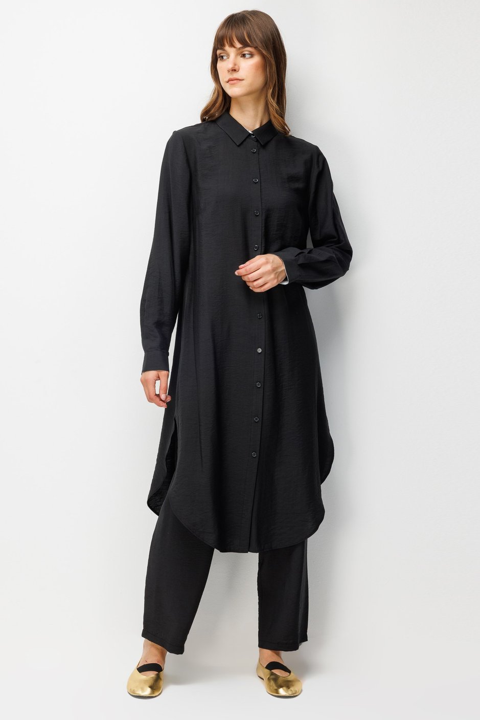 %85 LyoCELL Goldy Marin Çizgi  Ara Kumaş Garnili Pantalon Maxi Tunik Kombin Takım-Siyah