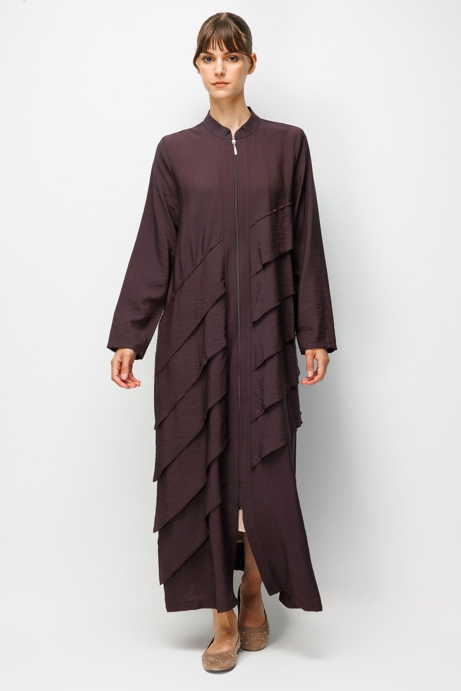 85% LyoCELL Goldy Parallel Ruffled Hooded Abaya - Brown