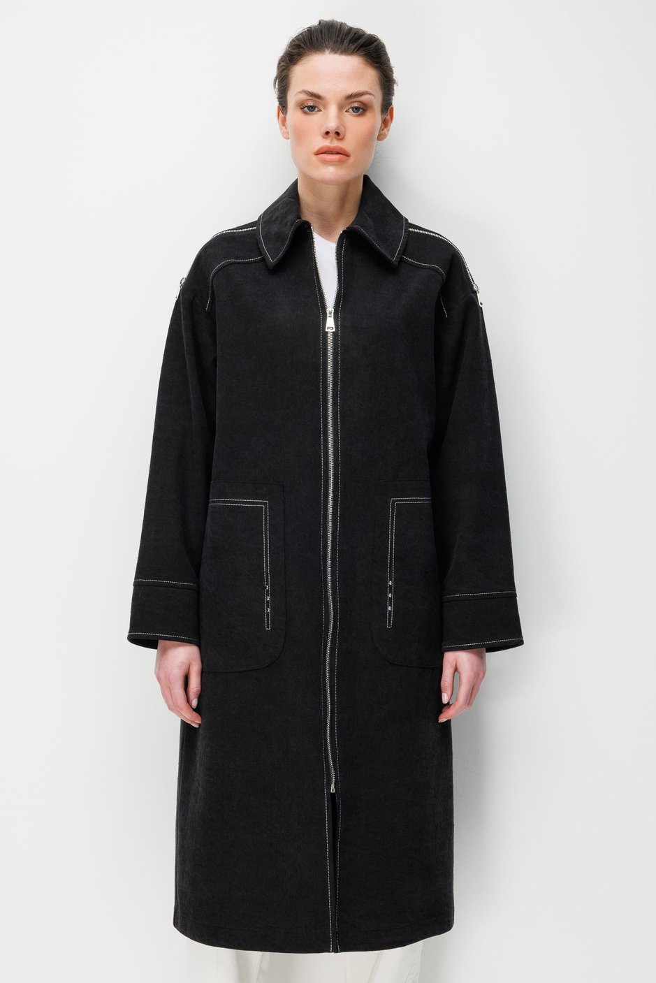 DENİM %100 Pamuk Hafif Konforlu Omuz ve Ön Fermuar Detaylı Taş İşlemeli Maxi Kap-Siyah
