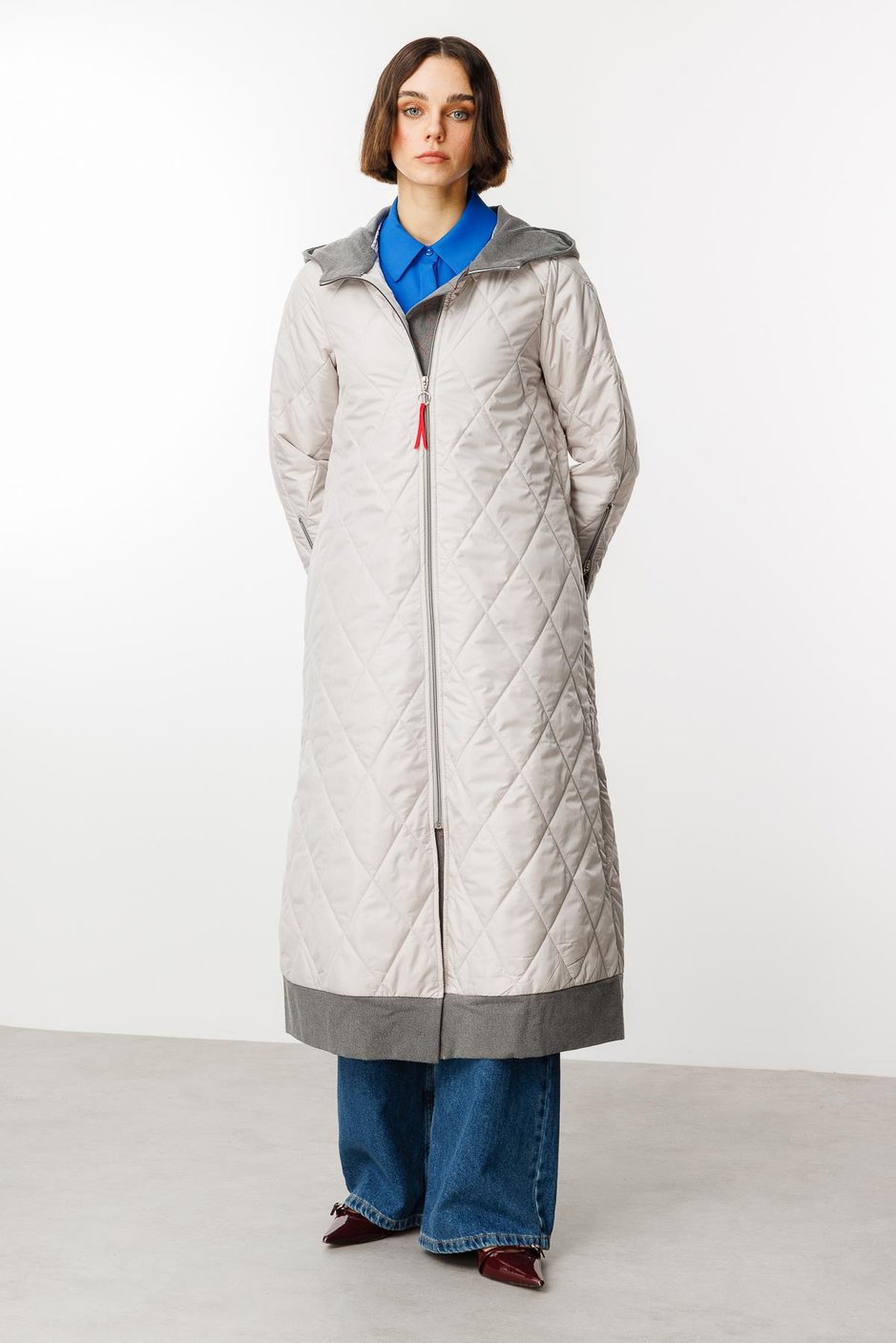Denim Rouge Kapitone Dolgulu Garni Femuarlı Baharlık Trench Kaban-Gri